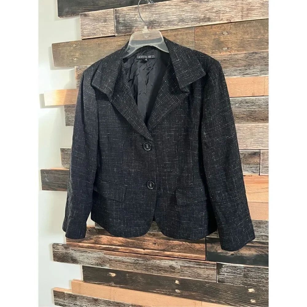 Lafayette 148 Black Tweed Folded Collar Alpaca Wool Blend Blazer Women's Size 12
